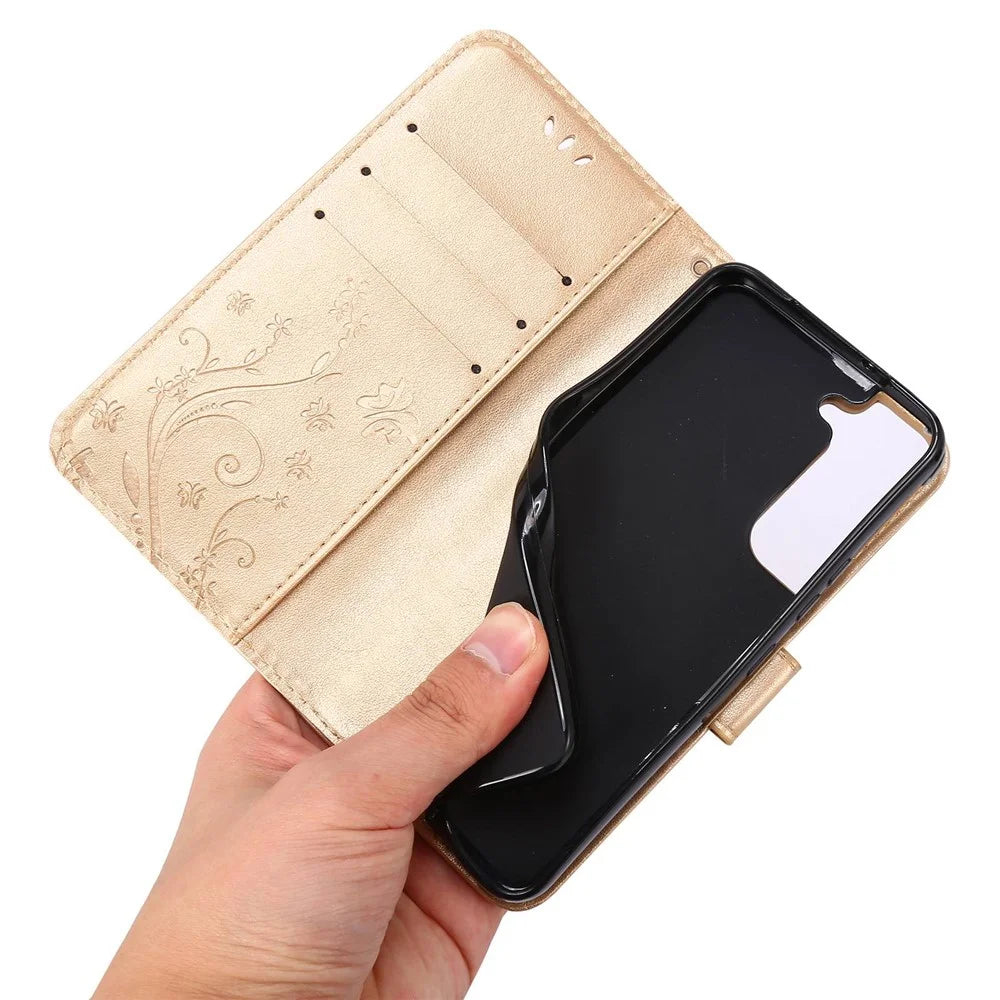 For Samsung Galaxy S22 5G Adjustable Stand Design PU Leather Phone Case Imprint Butterflies Wallet Magnetic Shell - Gold - 5