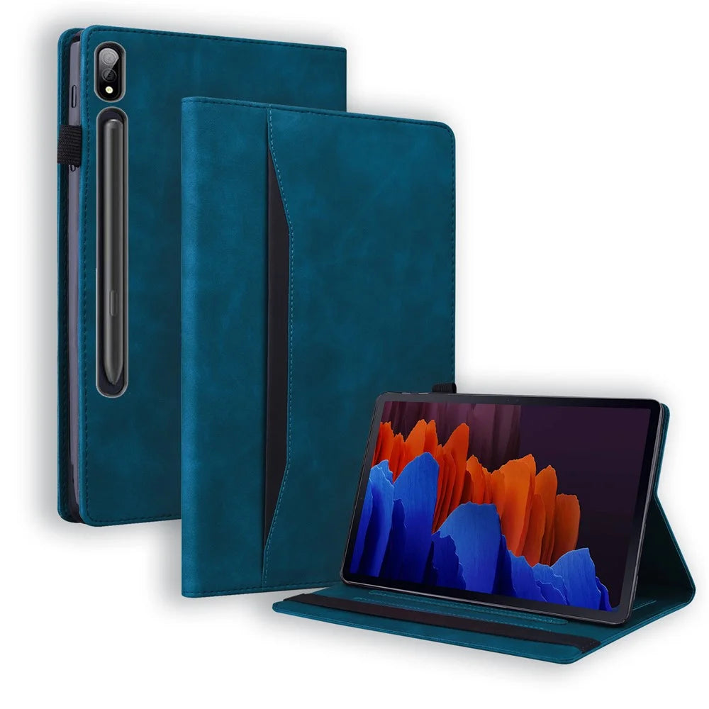 For Samsung Galaxy Tab S10 Ultra / S9 Ultra / S8 Ultra PU Leather Tablet Case Foldable Stand Wallet Shockproof Shell with Pencil Holder - Blue - 1