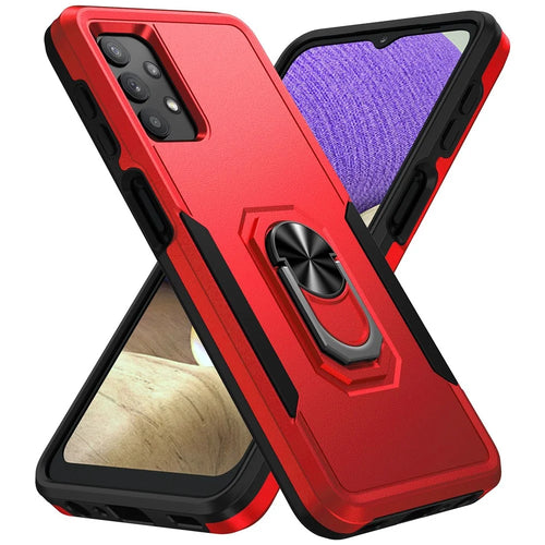 For Samsung Galaxy A32 4G (EU Version) Defender Series Anti-fall PC + TPU Hybrid Phone Cover Rotary Ring Kickstand Cellphone Case - Red/Black - 1
