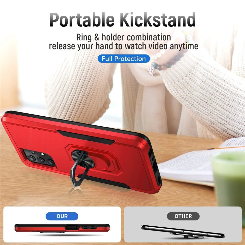 For Samsung Galaxy A32 4G (EU Version) Defender Series Anti-fall PC + TPU Hybrid Phone Cover Rotary Ring Kickstand Cellphone Case - Red/Black - 2