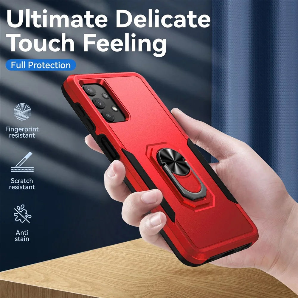 For Samsung Galaxy A32 4G (EU Version) Defender Series Anti-fall PC + TPU Hybrid Phone Cover Rotary Ring Kickstand Cellphone Case - Red/Black - 3