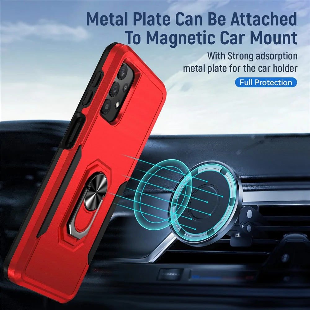 For Samsung Galaxy A32 4G (EU Version) Defender Series Anti-fall PC + TPU Hybrid Phone Cover Rotary Ring Kickstand Cellphone Case - Red/Black - 4