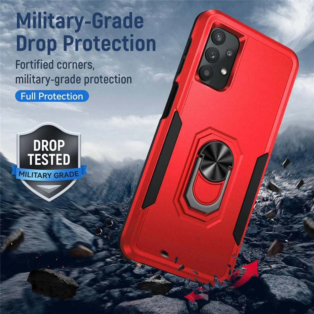 For Samsung Galaxy A32 4G (EU Version) Defender Series Anti-fall PC + TPU Hybrid Phone Cover Rotary Ring Kickstand Cellphone Case - Red/Black - 5
