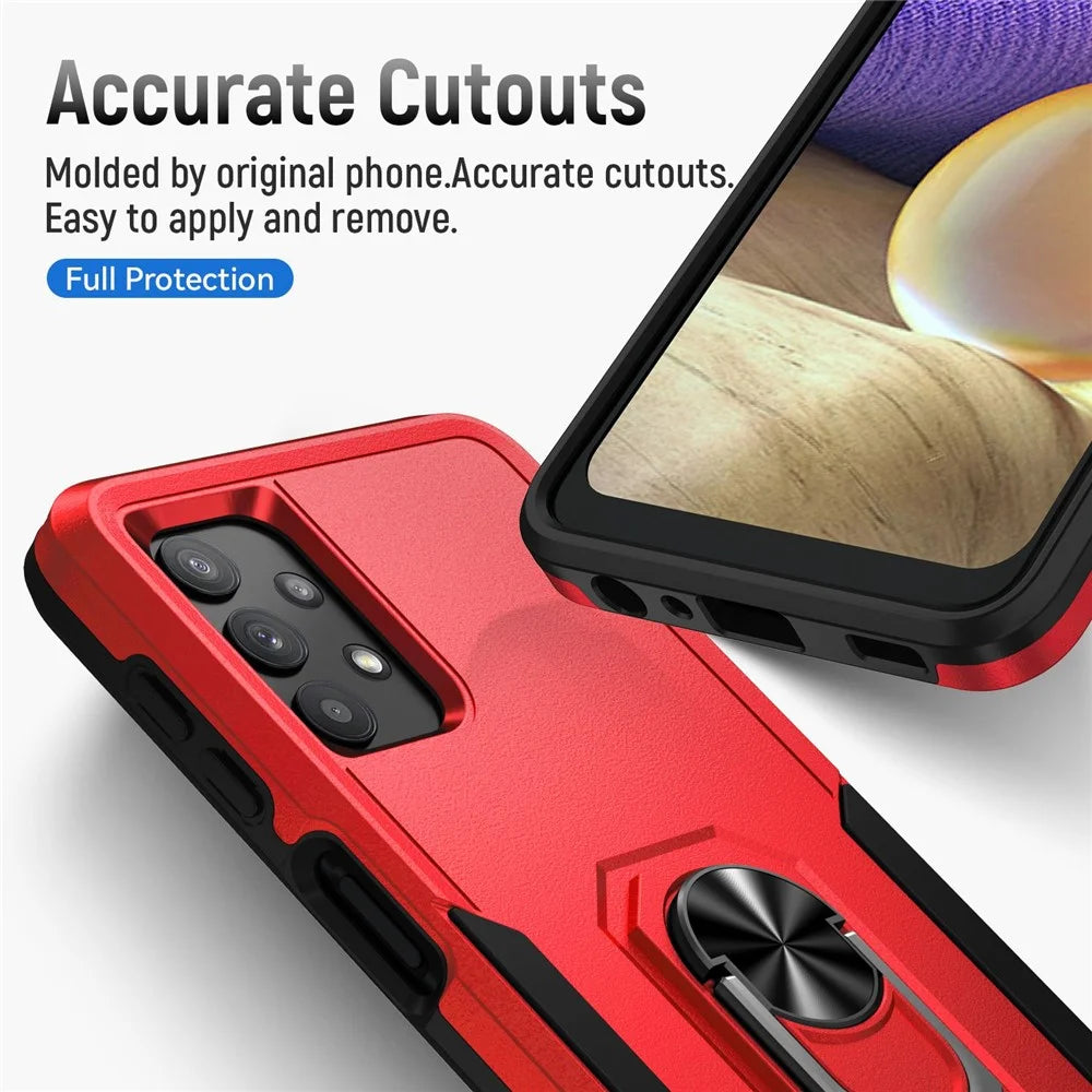 For Samsung Galaxy A32 4G (EU Version) Defender Series Anti-fall PC + TPU Hybrid Phone Cover Rotary Ring Kickstand Cellphone Case - Red/Black - 6