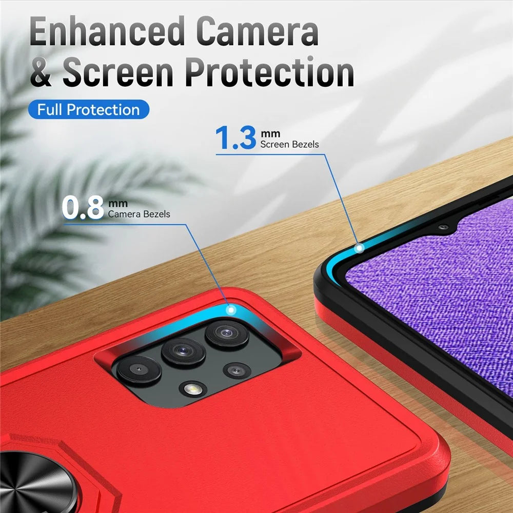 For Samsung Galaxy A32 4G (EU Version) Defender Series Anti-fall PC + TPU Hybrid Phone Cover Rotary Ring Kickstand Cellphone Case - Red/Black - 7