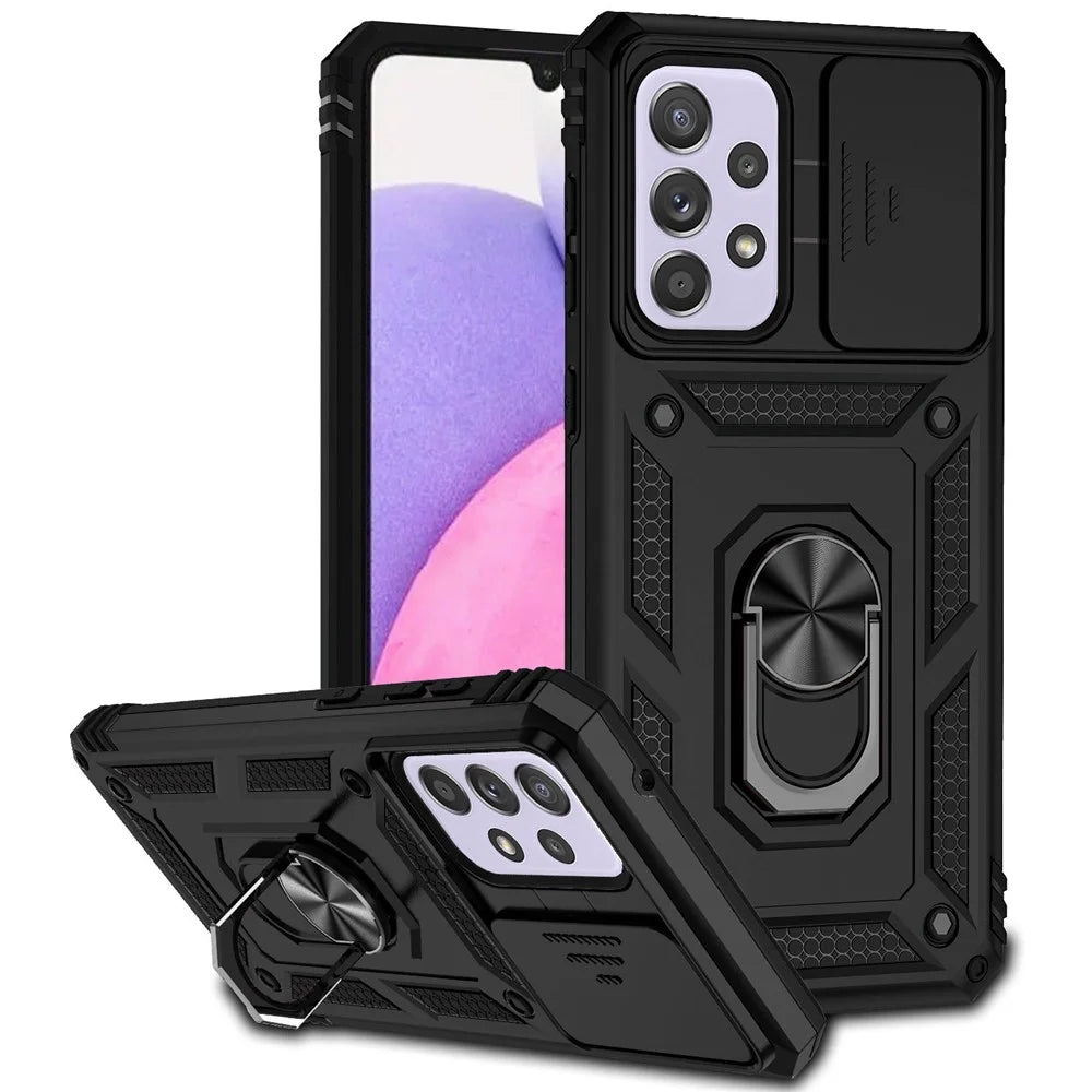 For Samsung Galaxy A33 5G Slide Camera Cover Hard PC + Soft TPU Phone Case with Ring Kickstand - Black - 1