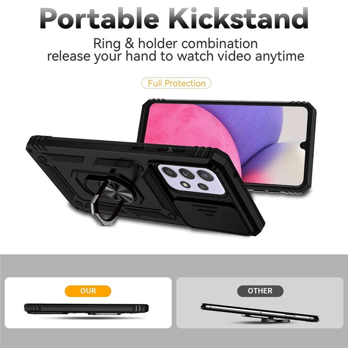 For Samsung Galaxy A33 5G Slide Camera Cover Hard PC + Soft TPU Phone Case with Ring Kickstand - Black - 2
