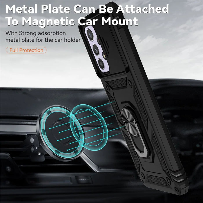 For Samsung Galaxy A33 5G Slide Camera Cover Hard PC + Soft TPU Phone Case with Ring Kickstand - Black - 3