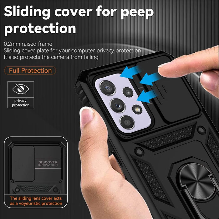 For Samsung Galaxy A33 5G Slide Camera Cover Hard PC + Soft TPU Phone Case with Ring Kickstand - Black - 5