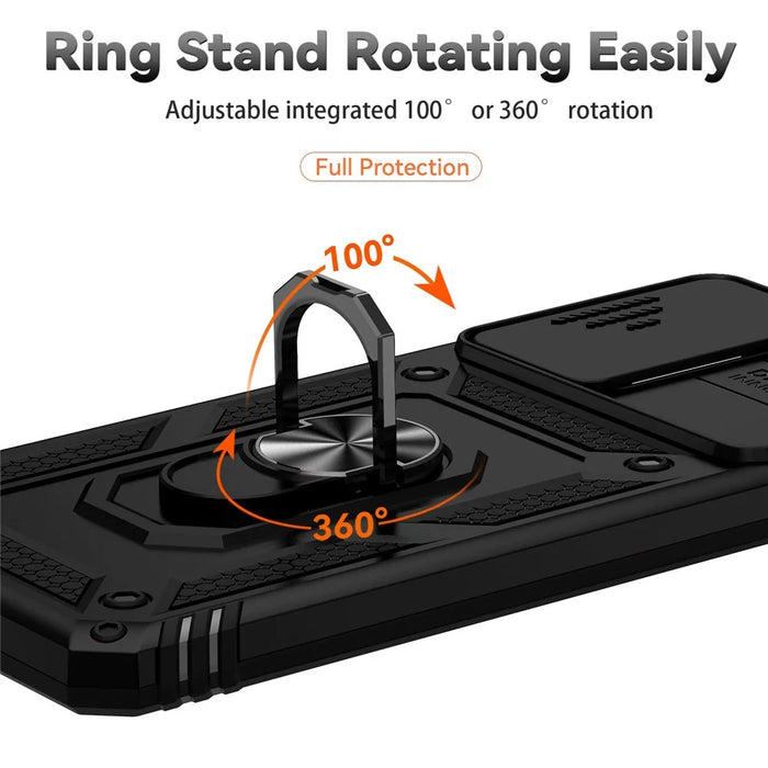 For Samsung Galaxy A33 5G Slide Camera Cover Hard PC + Soft TPU Phone Case with Ring Kickstand - Black - 6