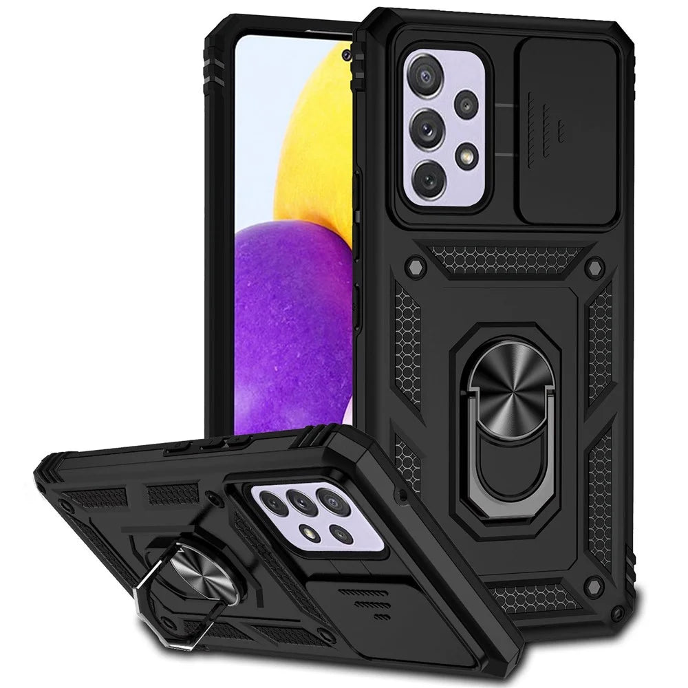For Samsung Galaxy A53 5G Slide Camera Protection Phone Case Ring Kickstand Hybrid PC + TPU Cover - Black - 1