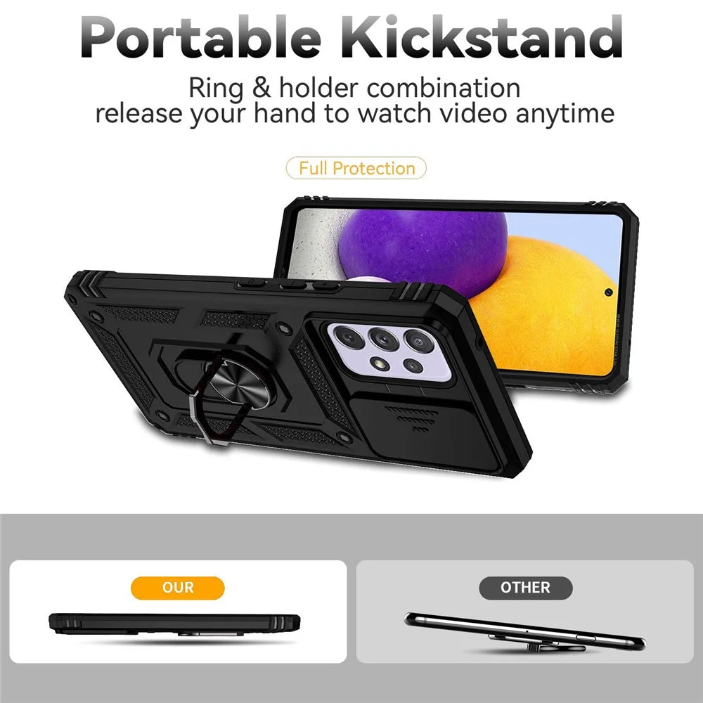 For Samsung Galaxy A53 5G Slide Camera Protection Phone Case Ring Kickstand Hybrid PC + TPU Cover - Black - 2