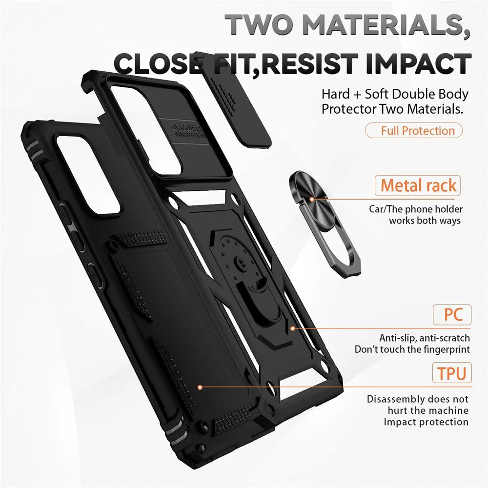 For Samsung Galaxy A53 5G Slide Camera Protection Phone Case Ring Kickstand Hybrid PC + TPU Cover - Black - 4