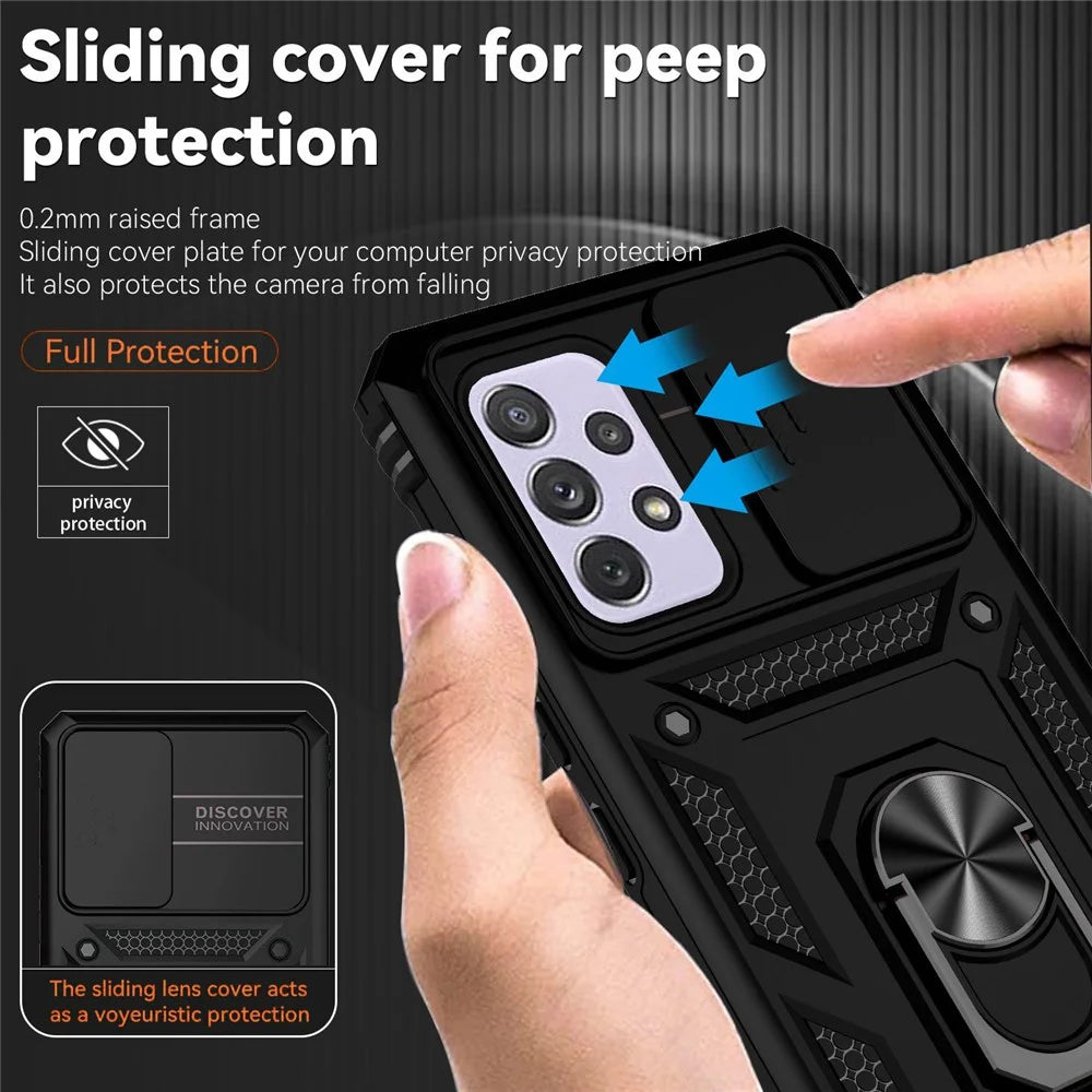For Samsung Galaxy A53 5G Slide Camera Protection Phone Case Ring Kickstand Hybrid PC + TPU Cover - Black - 5