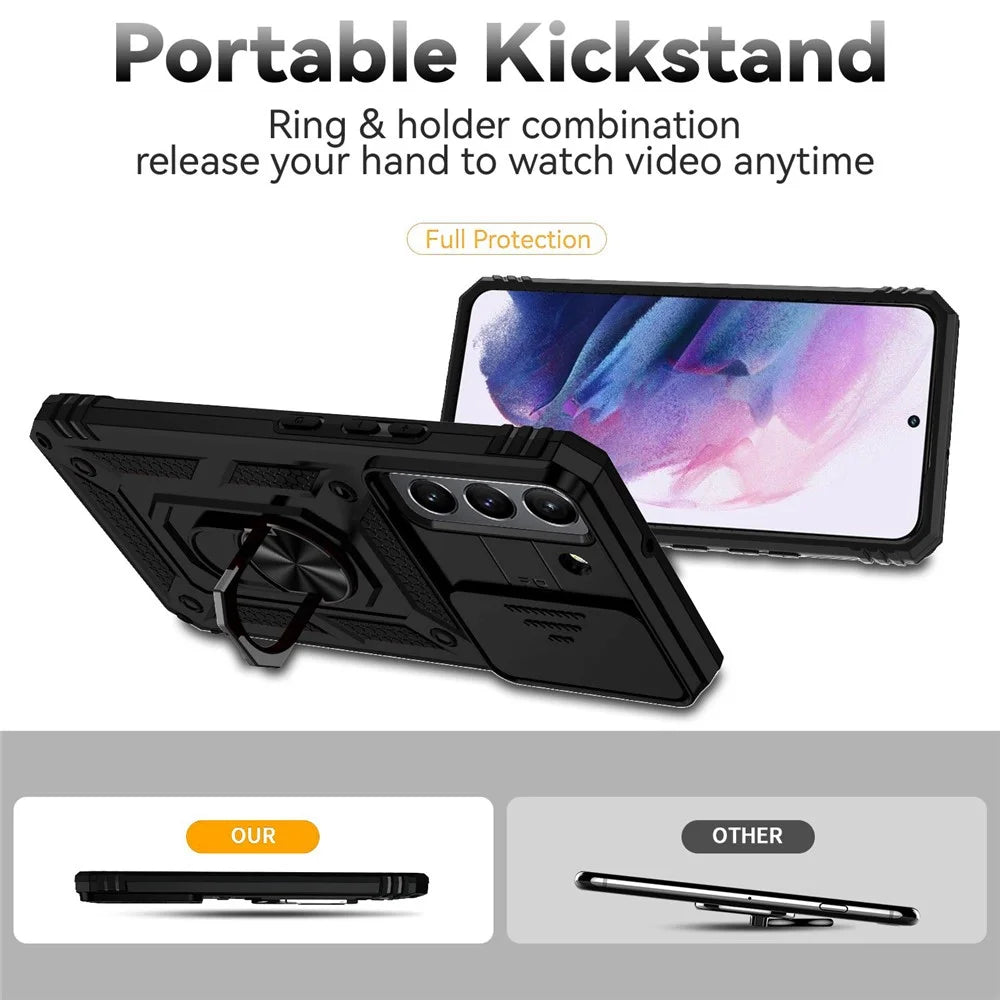 For Samsung Galaxy S22 5G Camera Protection Case TPU + PC Anti-Slip Shockproof Protective Phone Cover with Ring Holder Kickstand - Black - 2