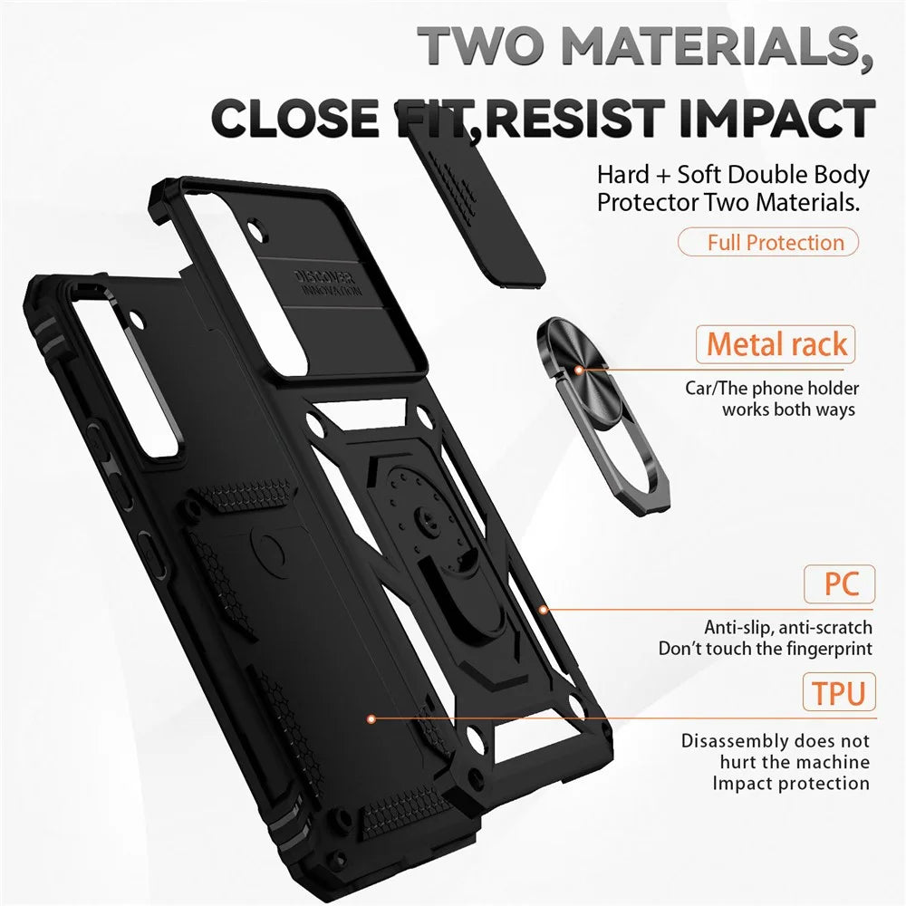 For Samsung Galaxy S22 5G Camera Protection Case TPU + PC Anti-Slip Shockproof Protective Phone Cover with Ring Holder Kickstand - Black - 4