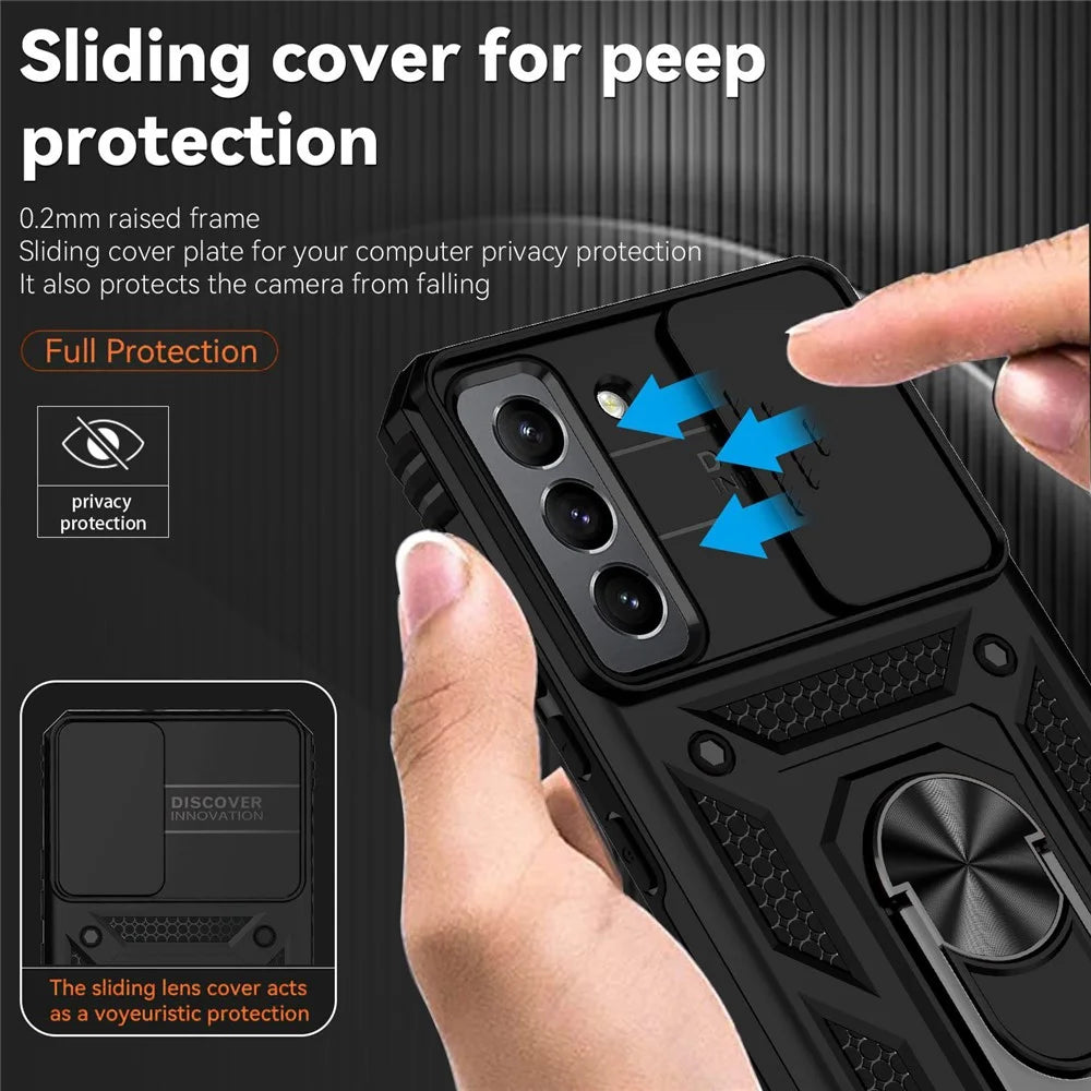 For Samsung Galaxy S22 5G Camera Protection Case TPU + PC Anti-Slip Shockproof Protective Phone Cover with Ring Holder Kickstand - Black - 5