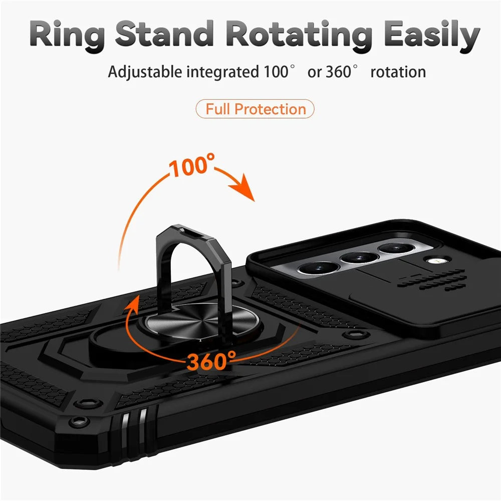 For Samsung Galaxy S22 5G Camera Protection Case TPU + PC Anti-Slip Shockproof Protective Phone Cover with Ring Holder Kickstand - Black - 6