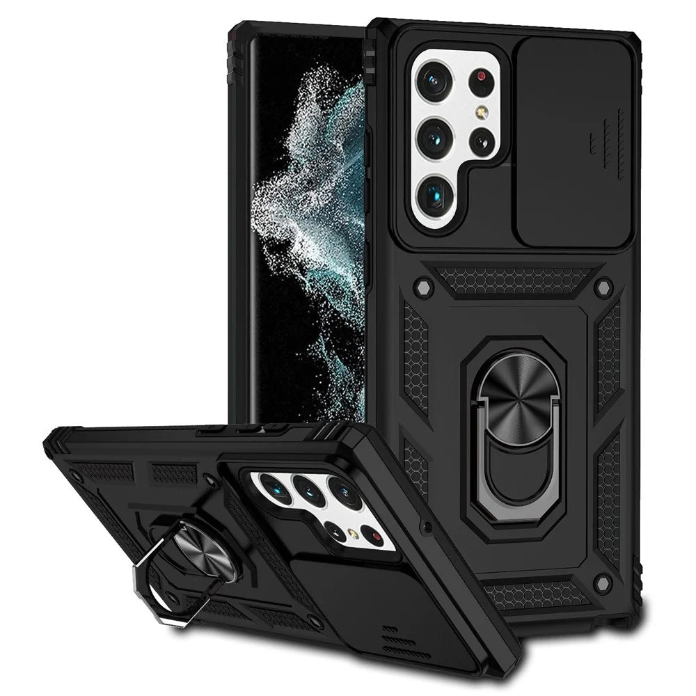 For Samsung Galaxy S22 Ultra 5G Ring Kickstand Back Case TPU+PC Hybrid Phone Cover with Slide Camera Protection - Black - 1