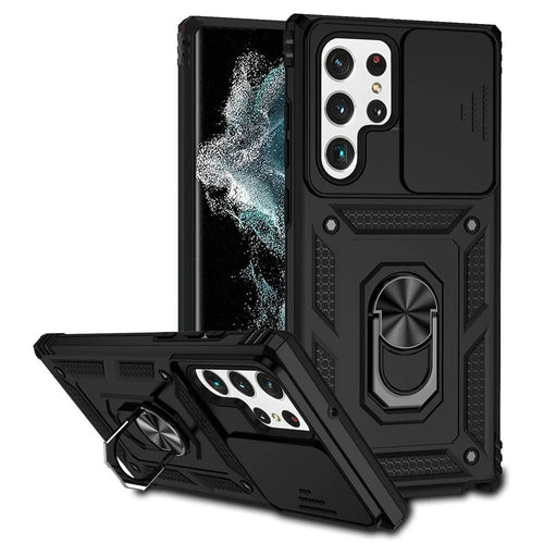 For Samsung Galaxy S22 Ultra 5G Ring Kickstand Back Case TPU+PC Hybrid Phone Cover with Slide Camera Protection - Black - 1
