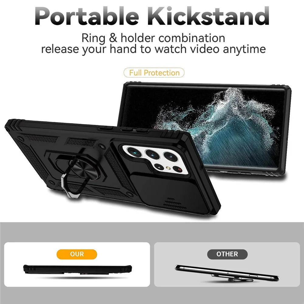 For Samsung Galaxy S22 Ultra 5G Ring Kickstand Back Case TPU+PC Hybrid Phone Cover with Slide Camera Protection - Black - 2