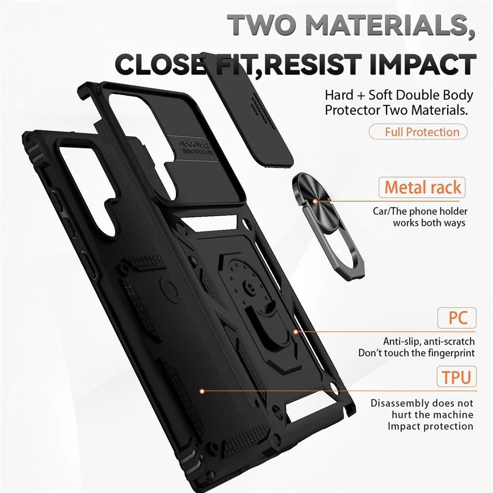 For Samsung Galaxy S22 Ultra 5G Ring Kickstand Back Case TPU+PC Hybrid Phone Cover with Slide Camera Protection - Black - 4