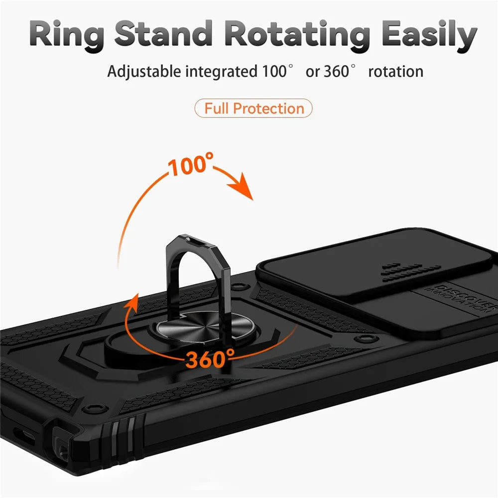 For Samsung Galaxy S22 Ultra 5G Ring Kickstand Back Case TPU+PC Hybrid Phone Cover with Slide Camera Protection - Black - 5