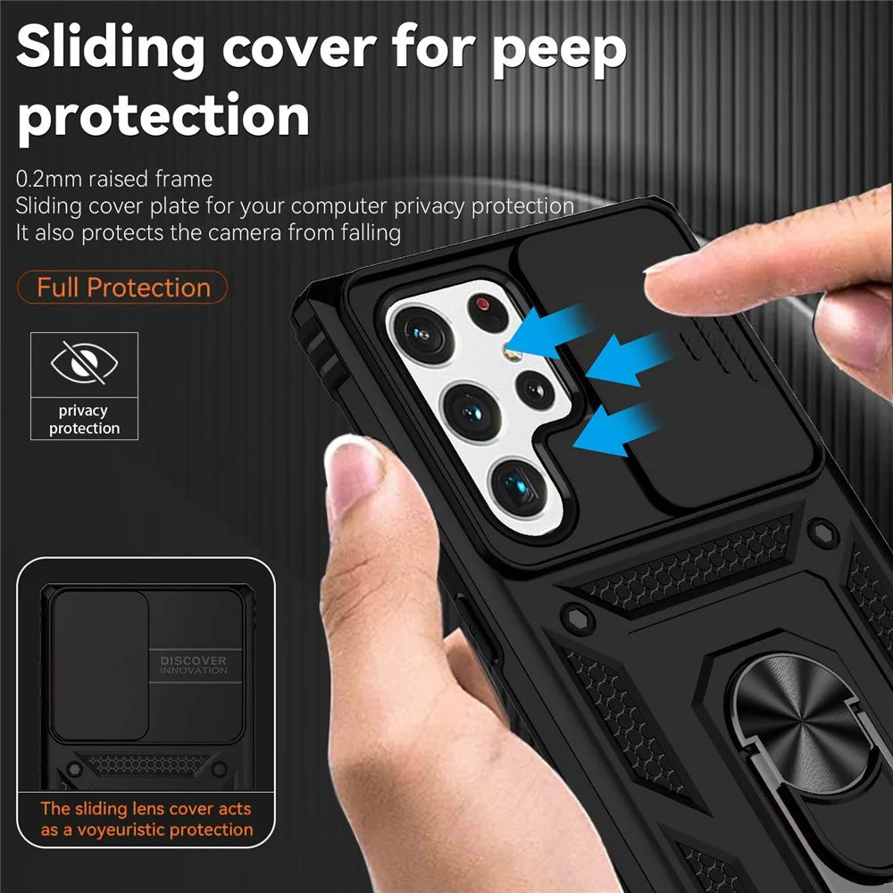 For Samsung Galaxy S22 Ultra 5G Ring Kickstand Back Case TPU+PC Hybrid Phone Cover with Slide Camera Protection - Black - 6