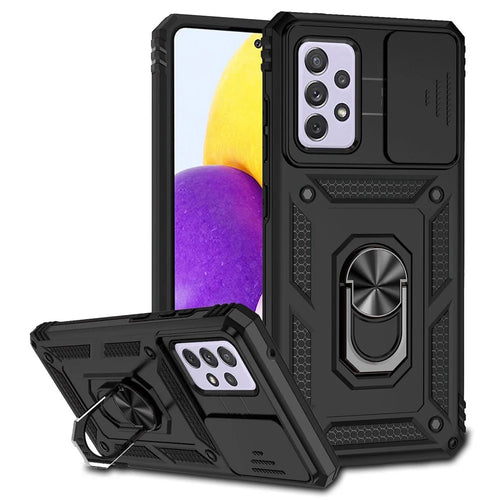 For Samsung Galaxy A52 4G/5G/A52s 5G Slide Camera Protector PC + TPU Phone Case Ring Kickstand Protective Cover - Black - 1