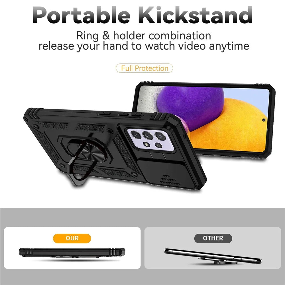 For Samsung Galaxy A52 4G/5G/A52s 5G Slide Camera Protector PC + TPU Phone Case Ring Kickstand Protective Cover - Black - 2