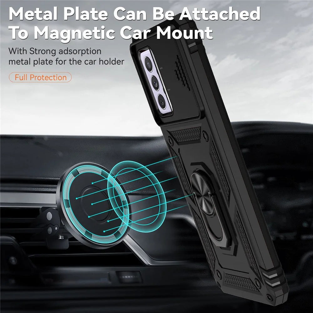 For Samsung Galaxy A52 4G/5G/A52s 5G Slide Camera Protector PC + TPU Phone Case Ring Kickstand Protective Cover - Black - 3