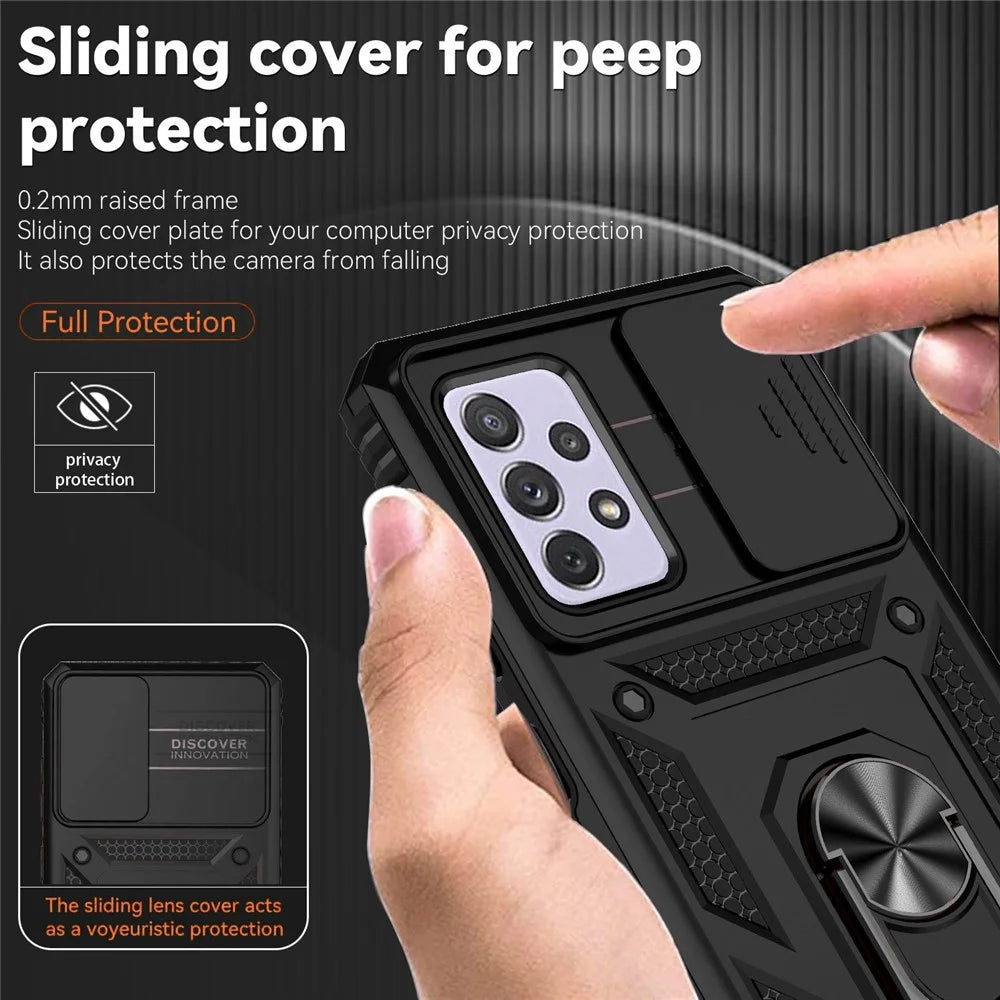 For Samsung Galaxy A52 4G/5G/A52s 5G Slide Camera Protector PC + TPU Phone Case Ring Kickstand Protective Cover - Black - 5