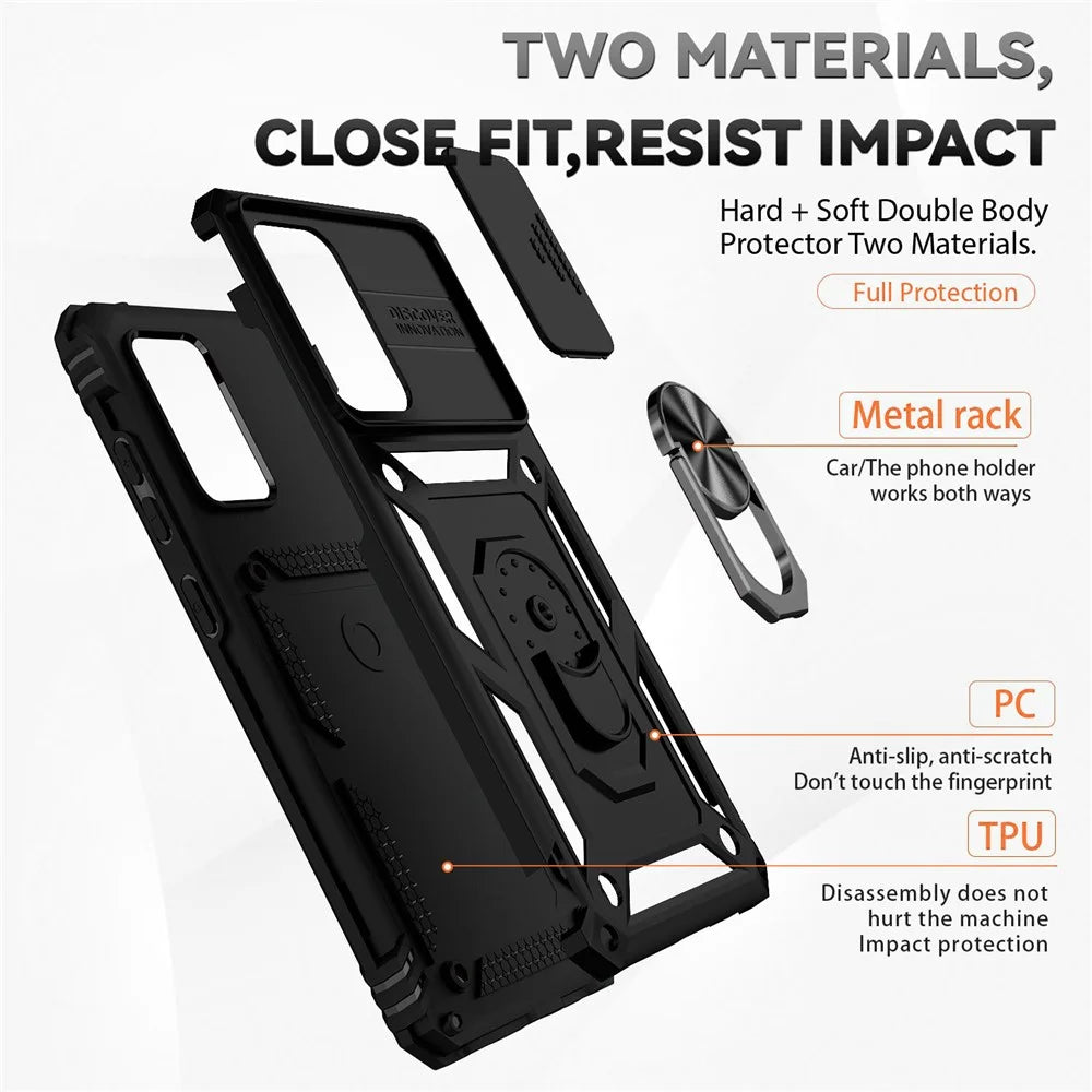 For Samsung Galaxy A52 4G/5G/A52s 5G Slide Camera Protector PC + TPU Phone Case Ring Kickstand Protective Cover - Black - 6