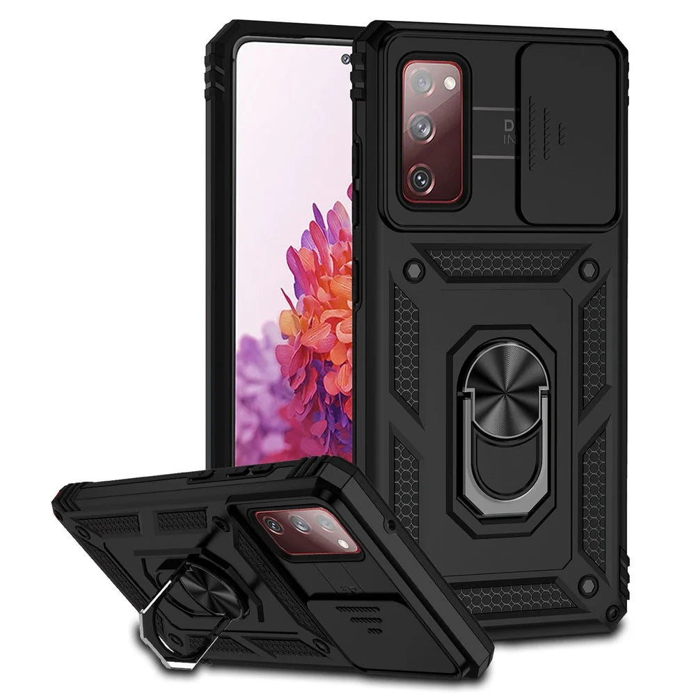 For Samsung Galaxy S20 FE 2022/S20 FE 4G/FE 5G/S20 Lite Slide Camera Protector PC + TPU Case Drop-resistant Kickstand Phone Shell - Black - 1