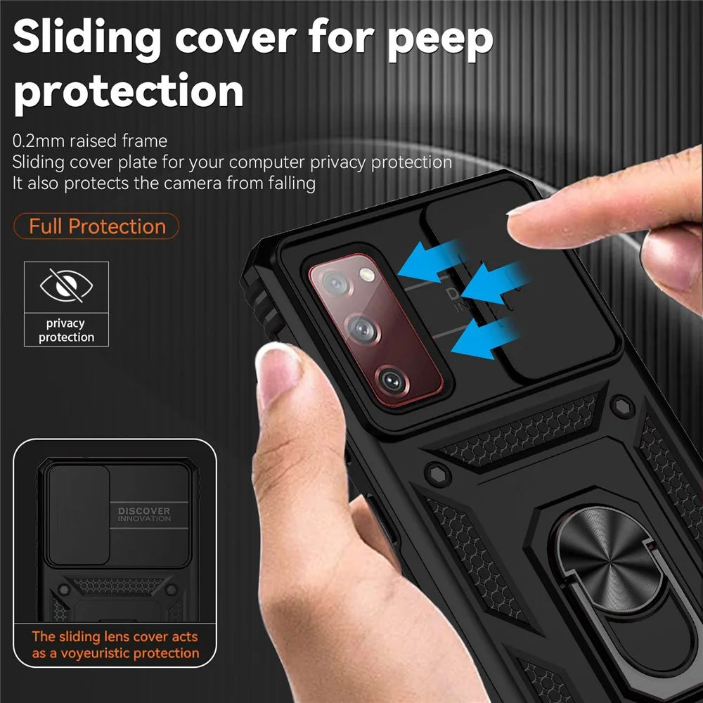 For Samsung Galaxy S20 FE 2022/S20 FE 4G/FE 5G/S20 Lite Slide Camera Protector PC + TPU Case Drop-resistant Kickstand Phone Shell - Black - 5