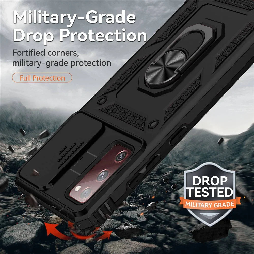 For Samsung Galaxy S20 FE 2022/S20 FE 4G/FE 5G/S20 Lite Slide Camera Protector PC + TPU Case Drop-resistant Kickstand Phone Shell - Black - 7