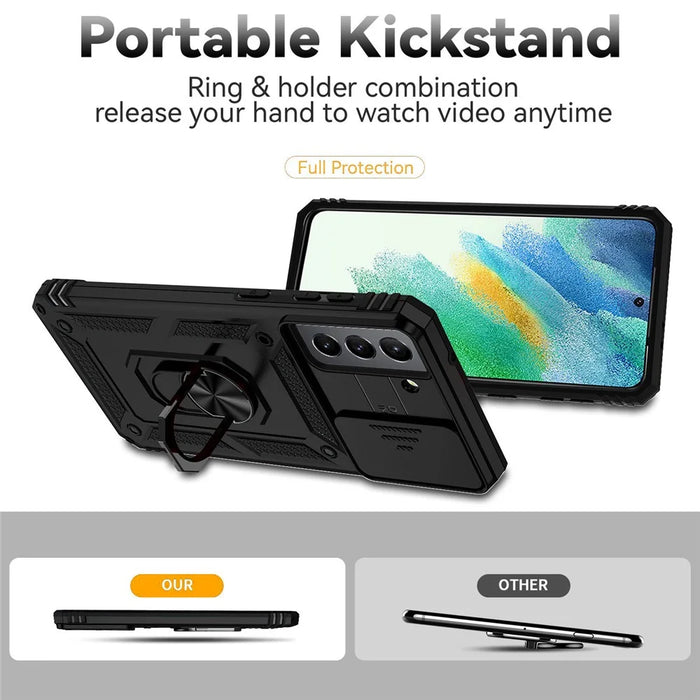 For Samsung Galaxy S21 FE 5G Ring Kickstand PC + TPU Hybrid Cover Slide Camera Protection Phone Case - Black - 2
