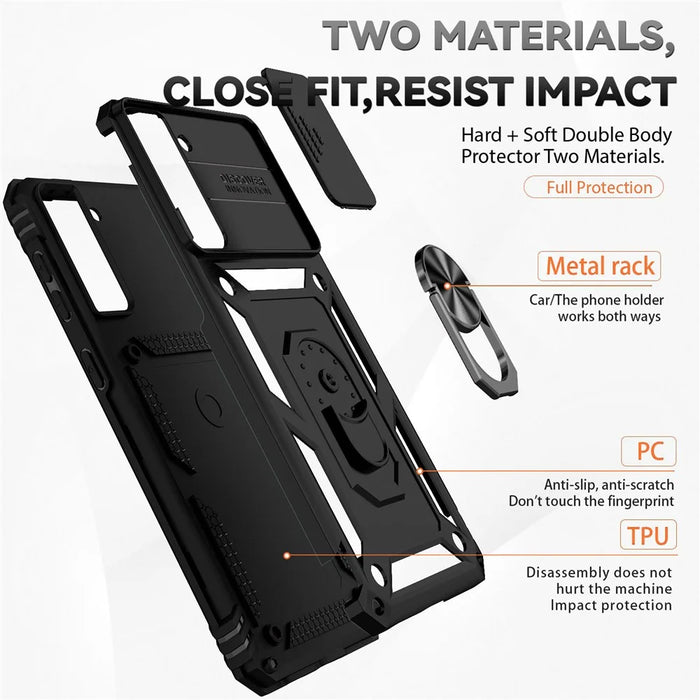 For Samsung Galaxy S21 FE 5G Ring Kickstand PC + TPU Hybrid Cover Slide Camera Protection Phone Case - Black - 4