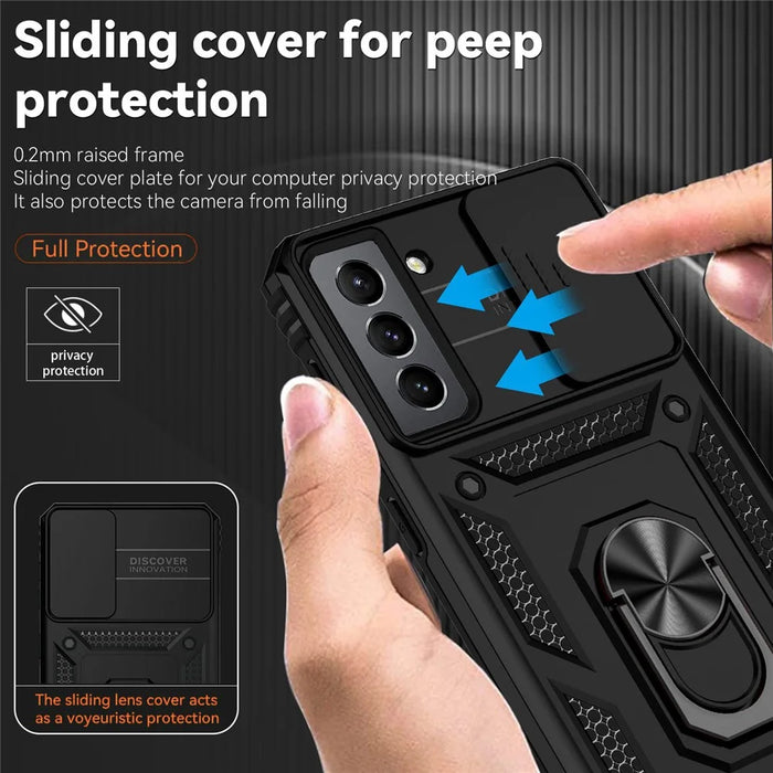 For Samsung Galaxy S21 FE 5G Ring Kickstand PC + TPU Hybrid Cover Slide Camera Protection Phone Case - Black - 5