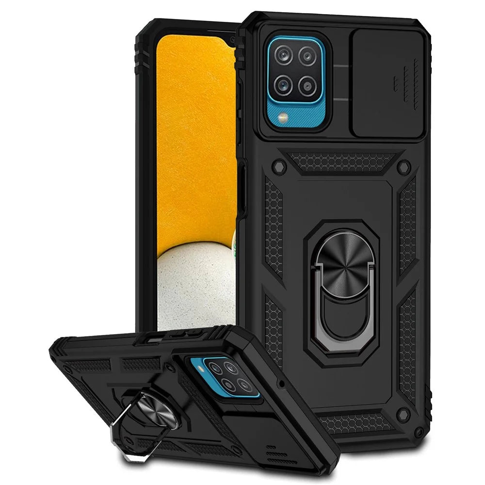 For Samsung Galaxy A12 Case Hard PC + Soft TPU Anti-Scratch Phone Cover with Ring Car Mount Kickstand and Camera Protector - Black - 1