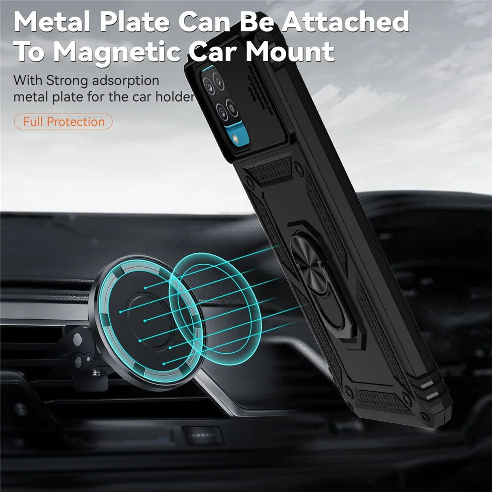 For Samsung Galaxy A12 Case Hard PC + Soft TPU Anti-Scratch Phone Cover with Ring Car Mount Kickstand and Camera Protector - Black - 3