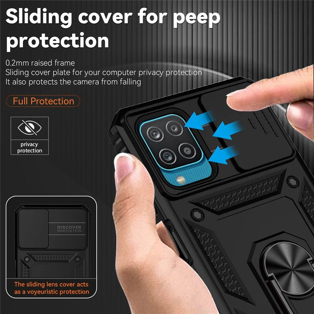 For Samsung Galaxy A12 Case Hard PC + Soft TPU Anti-Scratch Phone Cover with Ring Car Mount Kickstand and Camera Protector - Black - 5