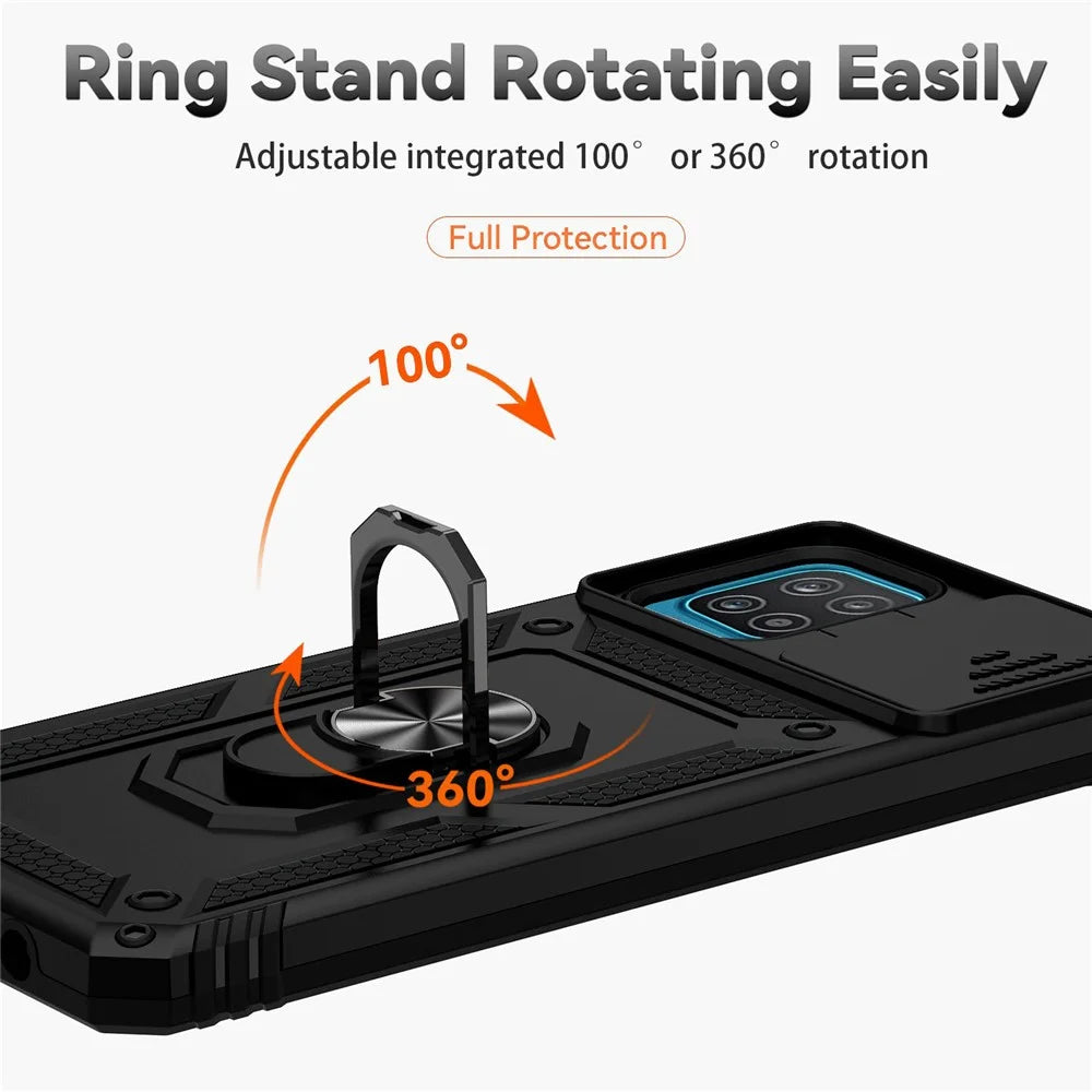 For Samsung Galaxy A12 Case Hard PC + Soft TPU Anti-Scratch Phone Cover with Ring Car Mount Kickstand and Camera Protector - Black - 6