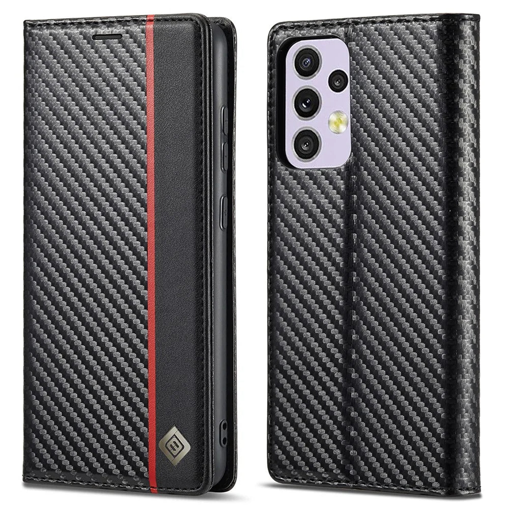 LC.IMEEKE for Samsung Galaxy A33 5G PU Leather Carbon Fiber Texture Flip Case Stand Hidden Magnetic Adsorption Shockproof Wallet Cover - Vertical Stripe - 1