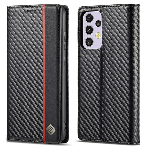 LC.IMEEKE for Samsung Galaxy A33 5G PU Leather Carbon Fiber Texture Flip Case Stand Hidden Magnetic Adsorption Shockproof Wallet Cover - Vertical Stripe - 1