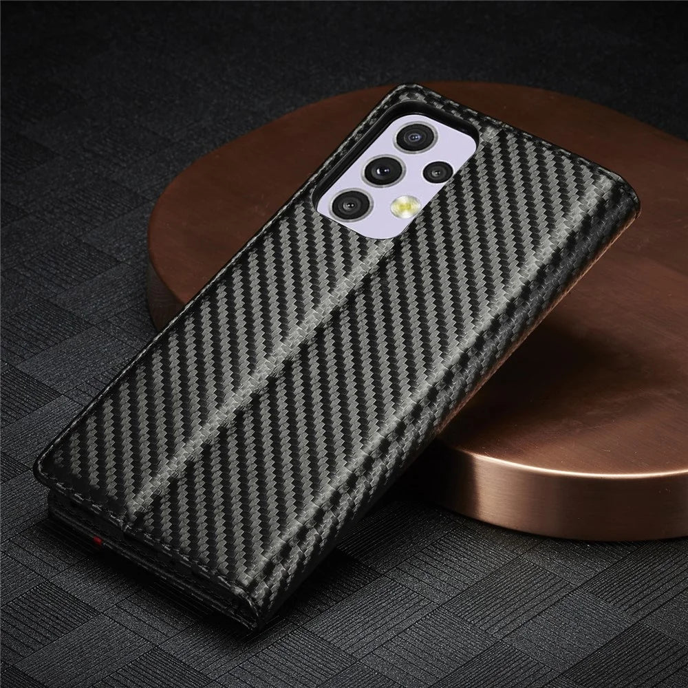 LC.IMEEKE for Samsung Galaxy A33 5G PU Leather Carbon Fiber Texture Flip Case Stand Hidden Magnetic Adsorption Shockproof Wallet Cover - Vertical Stripe - 4