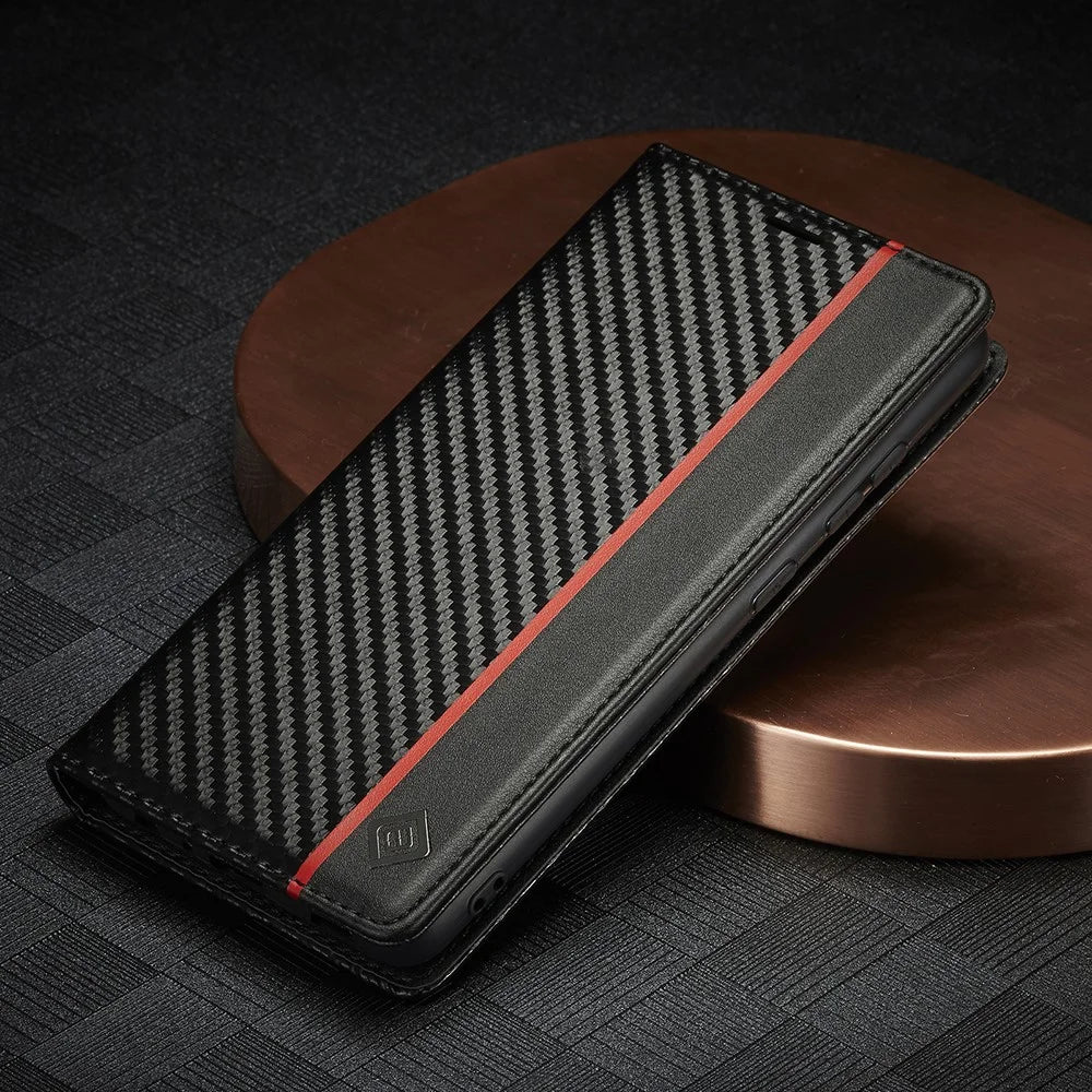 LC.IMEEKE for Samsung Galaxy A33 5G PU Leather Carbon Fiber Texture Flip Case Stand Hidden Magnetic Adsorption Shockproof Wallet Cover - Vertical Stripe - 5