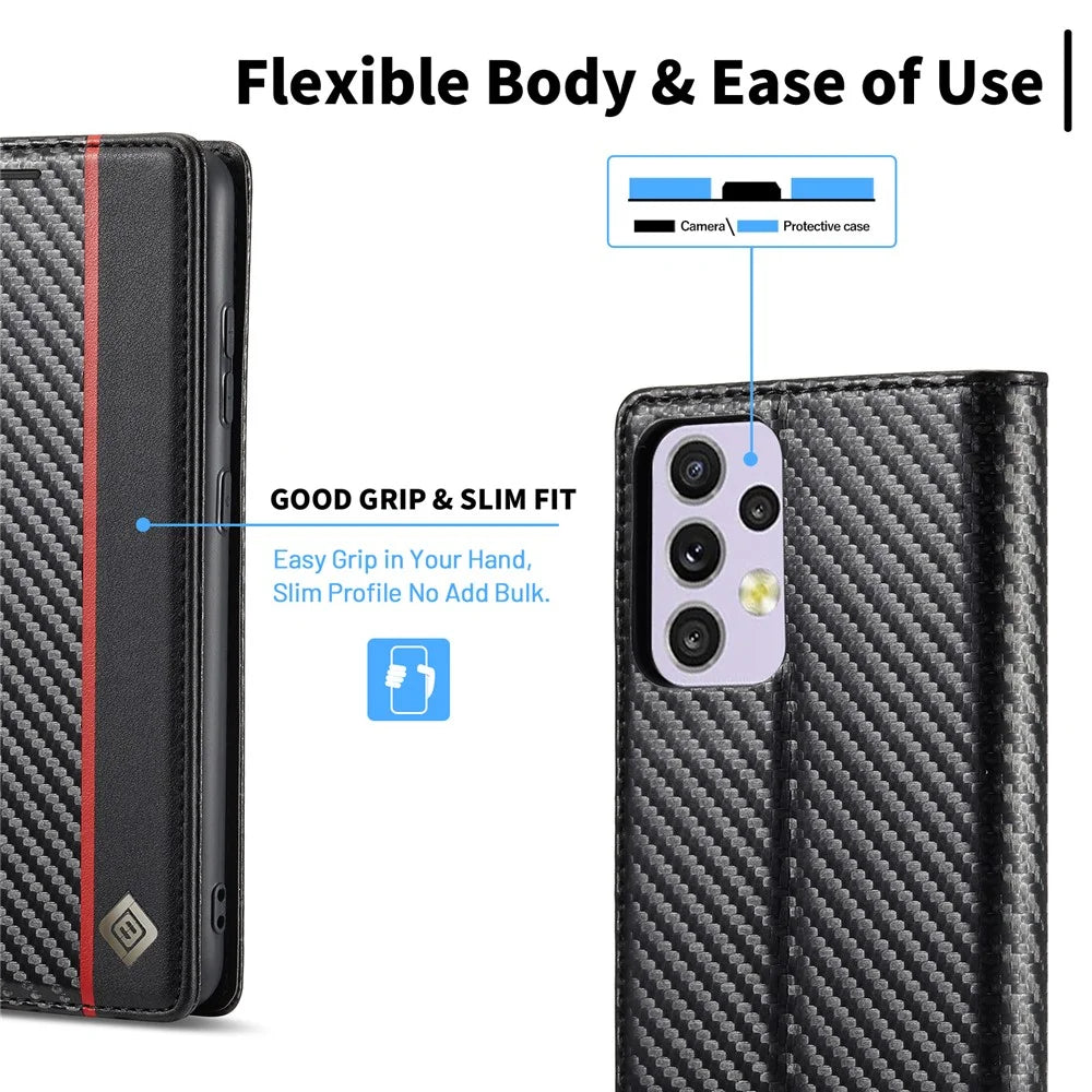 LC.IMEEKE for Samsung Galaxy A33 5G PU Leather Carbon Fiber Texture Flip Case Stand Hidden Magnetic Adsorption Shockproof Wallet Cover - Vertical Stripe - 6