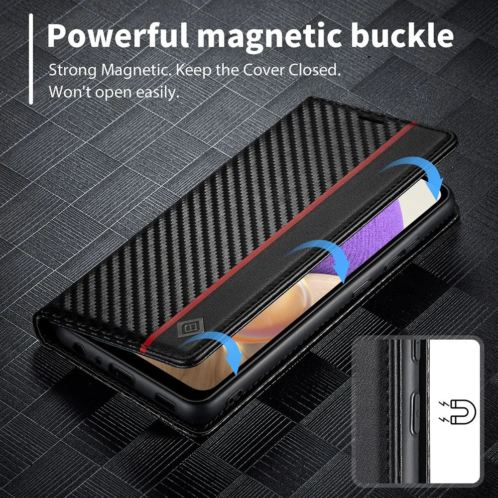 LC.IMEEKE for Samsung Galaxy A33 5G PU Leather Carbon Fiber Texture Flip Case Stand Hidden Magnetic Adsorption Shockproof Wallet Cover - Vertical Stripe - 7