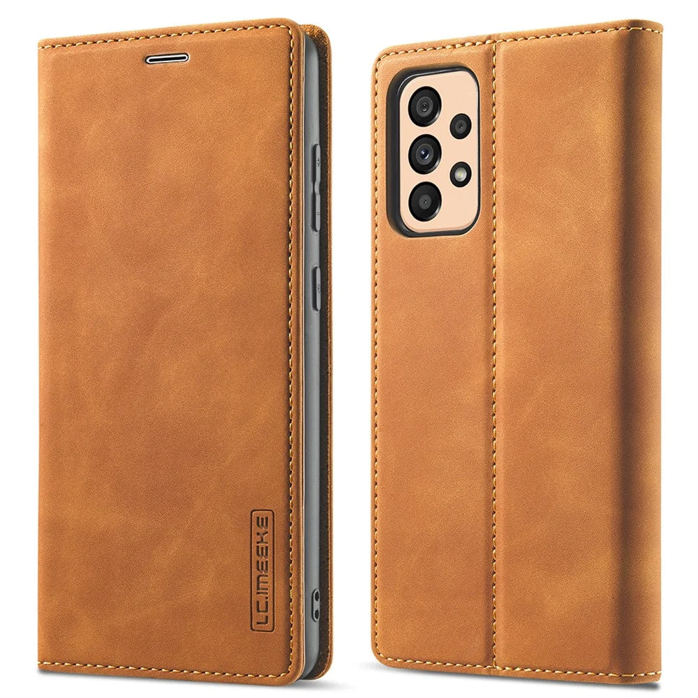 LC.IMEEKE Wallet Case for Samsung Galaxy A33 5G, Folding Stand PU Leather Strong Magnetic Suction Protective Cover - Brown - 1
